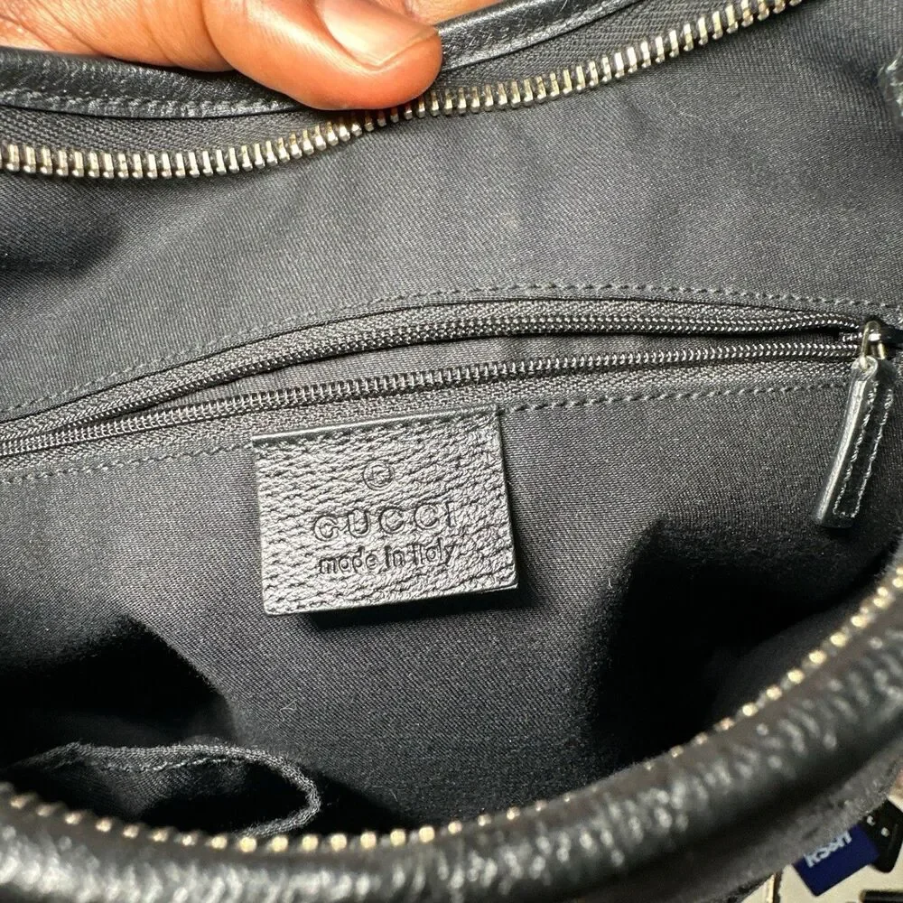 Gucci Vintage Abbey Hobo Bag Black GG Canvas Leather Trim D-Ring